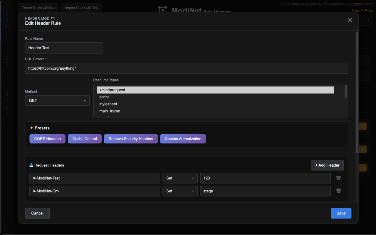 ModiNet header edit modal