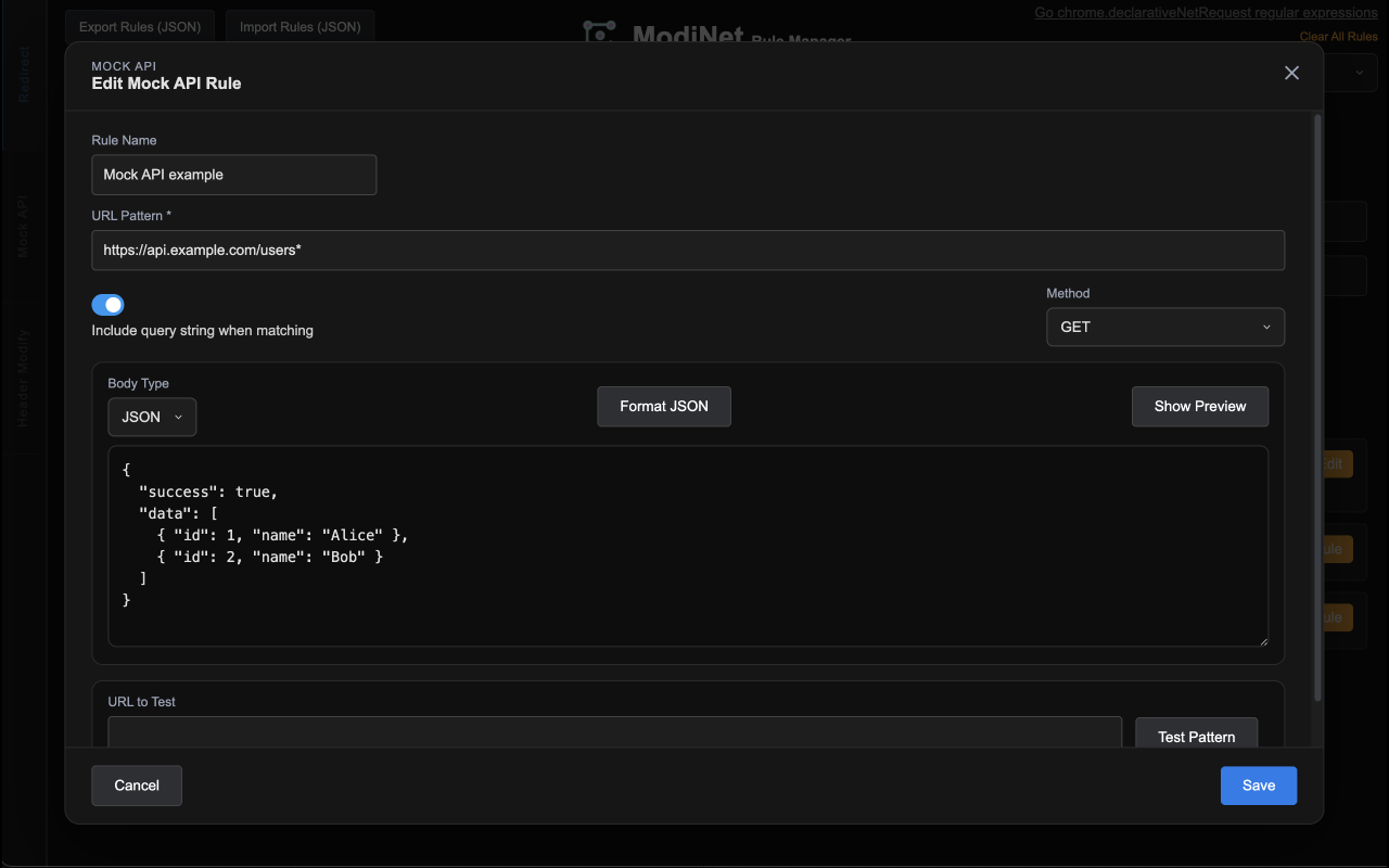 ModiNet mock API editor